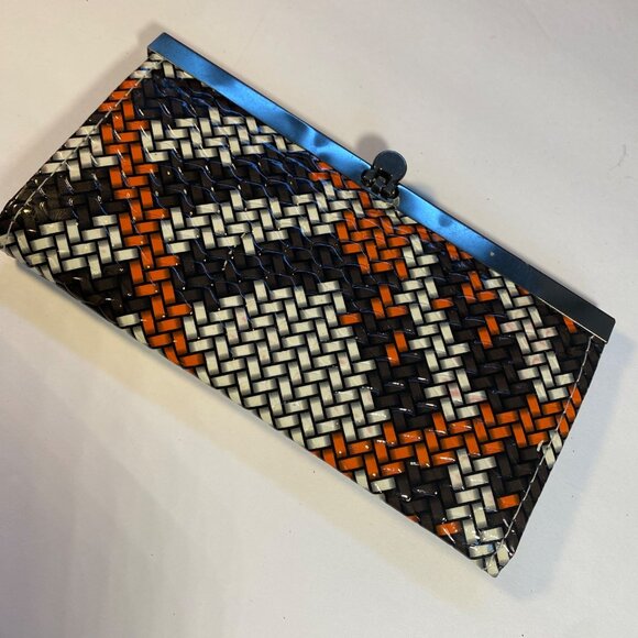 Vintage Woven Clutch Wallet With Snap Closure & Black Lining Orange/White/Black - Picture 1 of 7